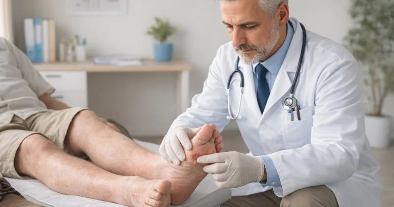Lékař vyšetřuje nohu pacienta s podezřením na diabetickou nohu