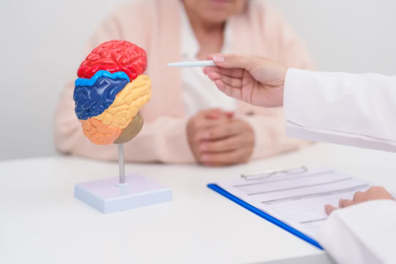 Lékař ukazuje na model mozku při vysvětlování příznaků.