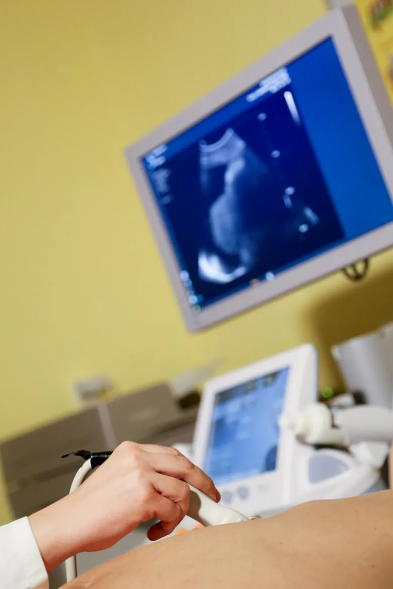 Lékař provádí ultrazvukové vyšetření s displejem zobrazujícím vnitřní orgány.