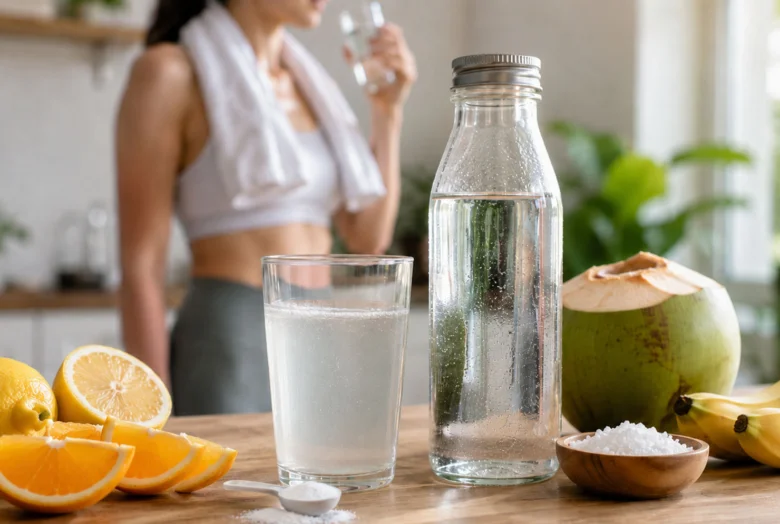 Žena doplnuje elektrolyty pitím vody s přidanými citrony a solí.