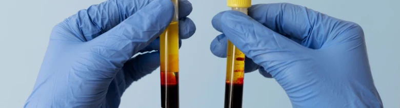 Ruce drží zkumavky s krví pro měření hladiny hemoglobinu.