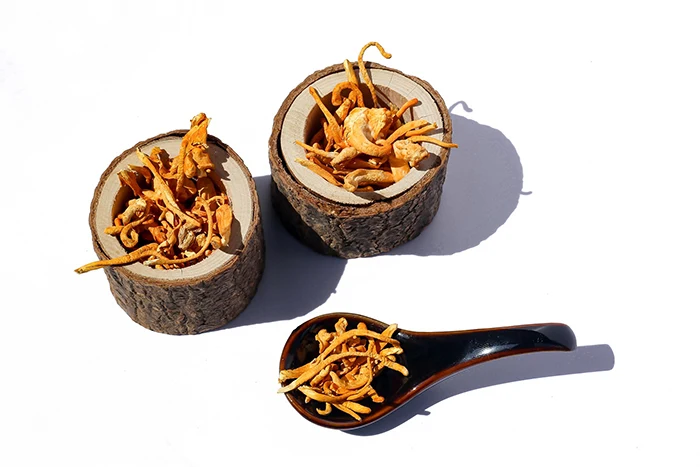 Sušené houby cordyceps v dřevěných miskách a lžičce.