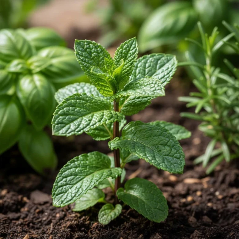 Mint plant in soil