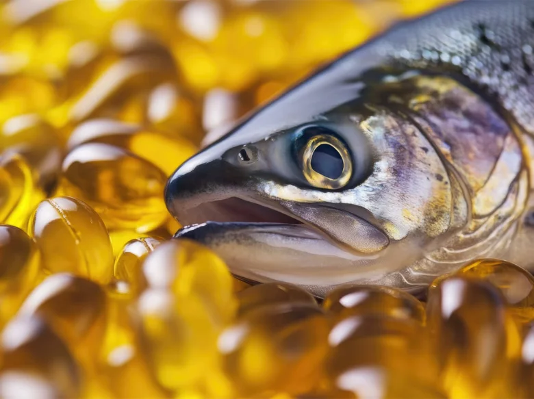 Hlava lososa mezi kapslemi s tukem Omega-3 pro zdroj kyseliny dha.