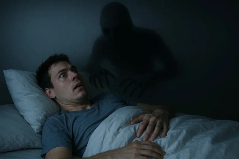 Man in bed with shadow figure