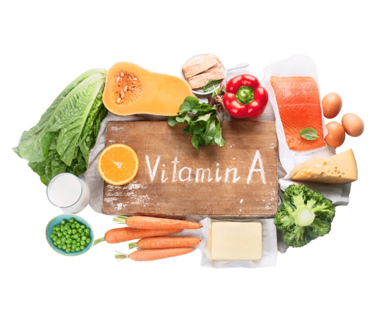 Zdroje vitamínu A: mrkev, jaterní koláče, vejce a další potraviny.