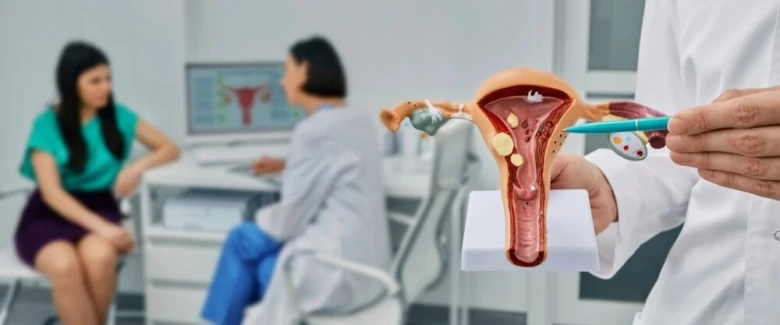 Model dělohy s cystami ukazuje příznaky endometriózy.