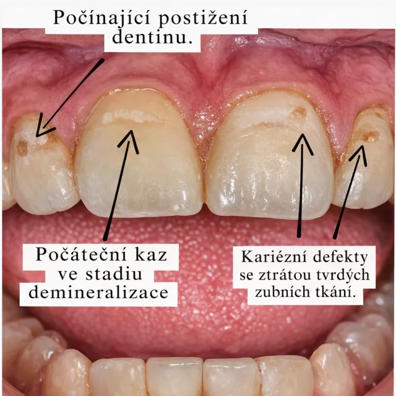 Zubní kaz v počáteční fázi s poškozením zubního skloviny a dentinu.