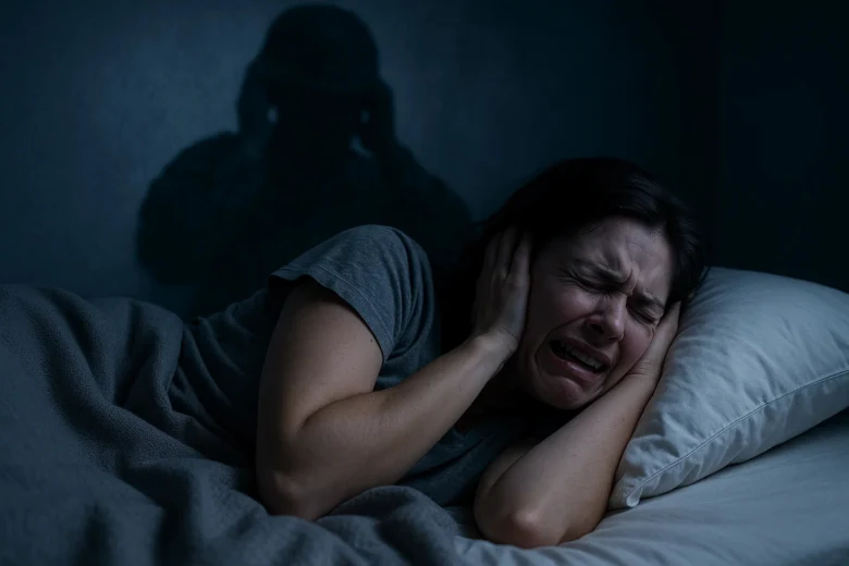 Žena v posteli zažívá spánkovou paralýzu s viděním stíny.