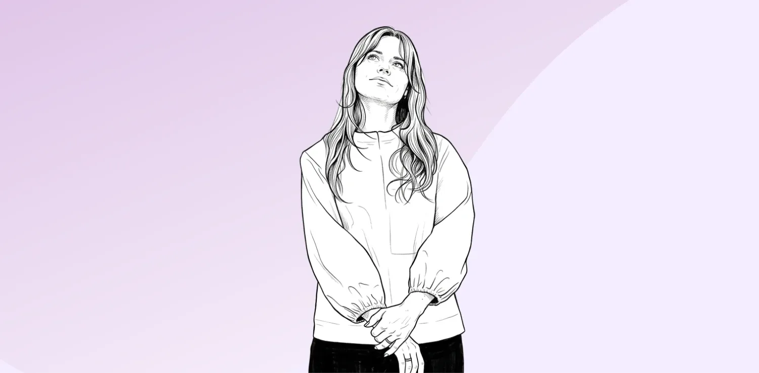 Žena v kresbě hledí nahoru s vyjadřujícím se výrazem.