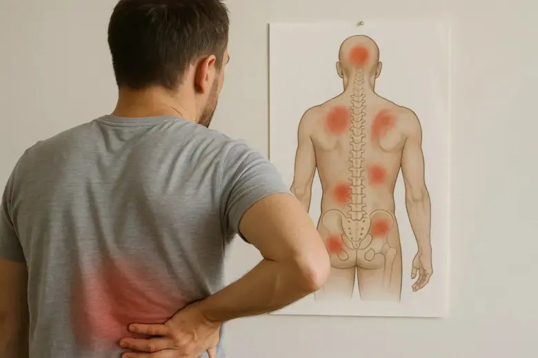 Muž s bolestí zad se dívá na anatomickou mapu bolesti páteře.