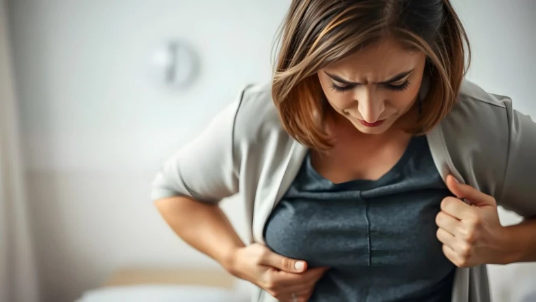 Žena drží prsa v bolesti kvůli bolestivým příznakům.
