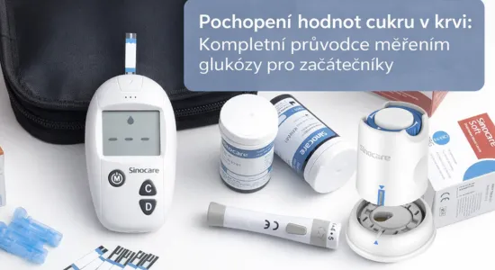 Kits pro měření cukru v krvi s glukometrem a doplňky.