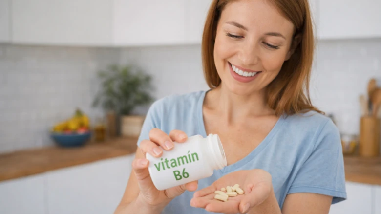 Žena drží lahvičku vitamínu B6 s tabletami v ruce.