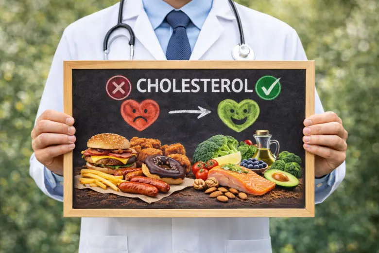 Lékař s tabulí porovnávající nezdravou a zdravou stravu pro snížení cholesterolu.