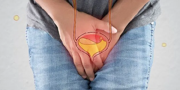 Člověk drží břicho s přehledem močového měchýře pro infekci.