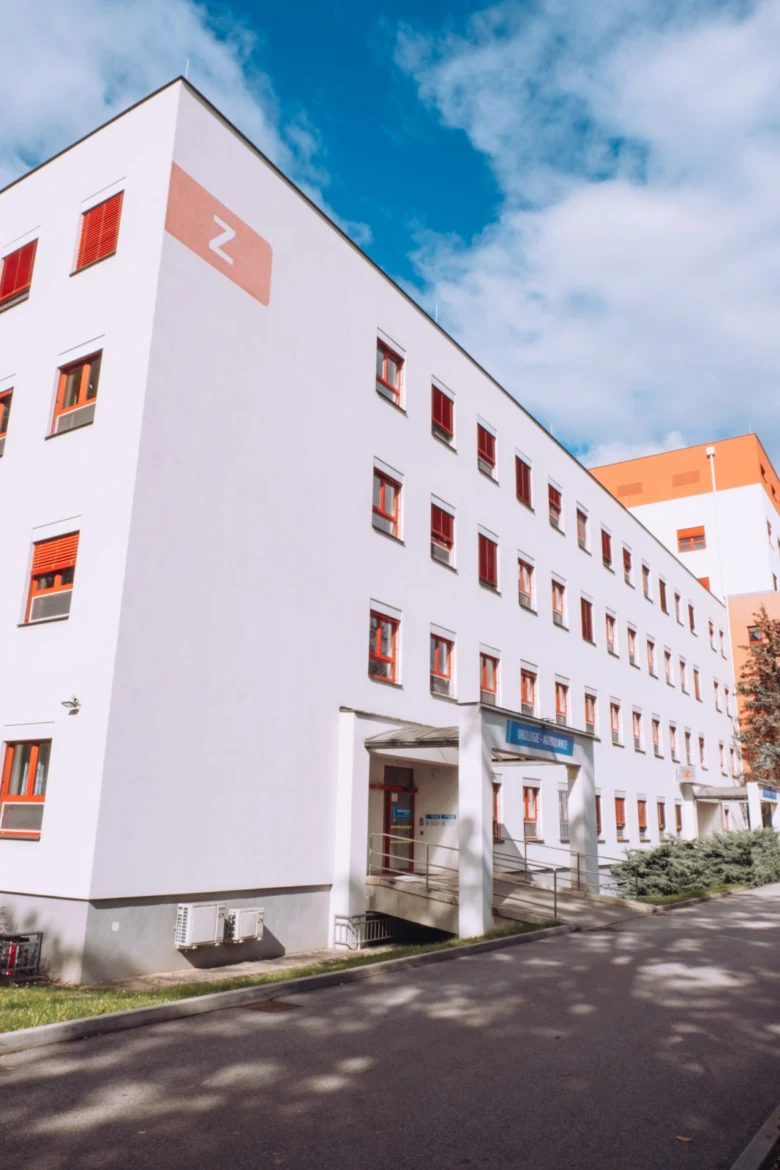 White building with red windows