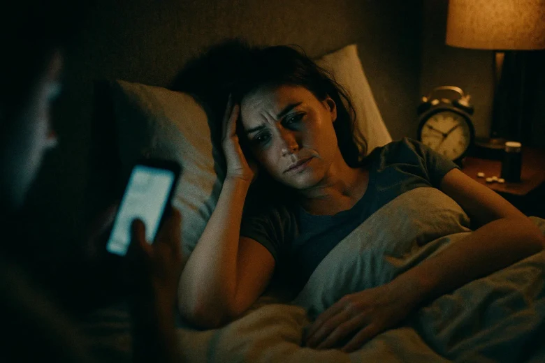 Žena leží v posteli a dívá se na telefon s výrazem bolesti.