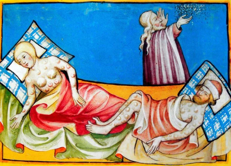 Ilustrace moru s příznaky na posteli v historickém rukopisu.