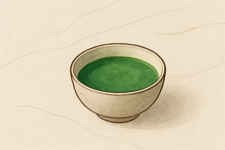 Mísa s zeleným matcha čajem na neutrálním pozadí.