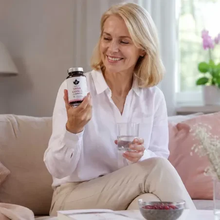 Žena drží lahvičku s doplňkem stravy a sklenici vody.